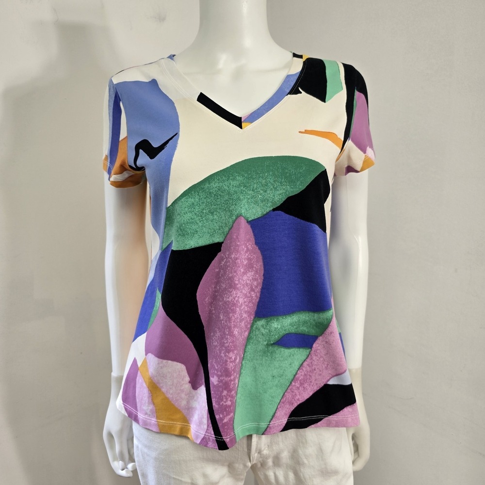 Chicos Knit Top Tee Size 1 M Abstract Print Short Sleeve V-Neck Cotton Stretch